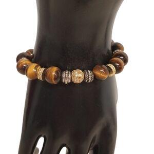 VINTAGE GENUINE TIGERS EYE GEMSTONE & CRYSTAL BEAD STRETCH BRACELET